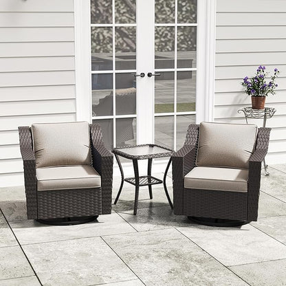 3 Pieces Patio Conversation Furniture Set - 2 Swivel Chairs, 1 Side Table, Outdoor Wicker Rocking Glider Armchairs with Washable Cushions for Porch, Balcony, Sunroom (Beige)