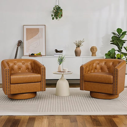 Swivel Barrel Accent Chair,Round Nailhead Faux Leather Living Room Arm Chairs,Modern Upholstered Comfty Reading Nook Chairs for Bedroom,Small Club Armchair,Single Sofa Side Chair,Caramel Brown