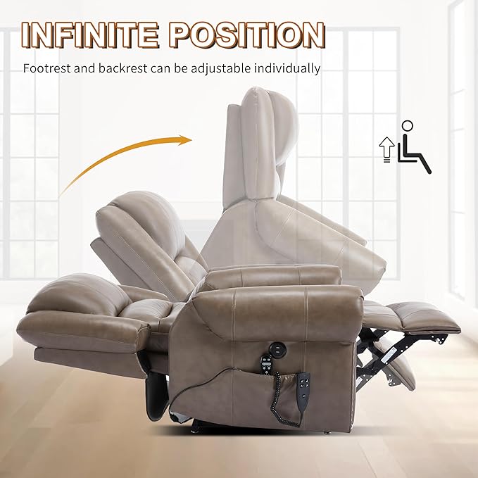 Luxlen Power Lift Recliner Chair for Elderly, Dual Motor Massage Recliner with Lumbar Heat, Heavy Duty Motion Mechanism Lift Chair with Charge Ports, Genuine Leather - Brown