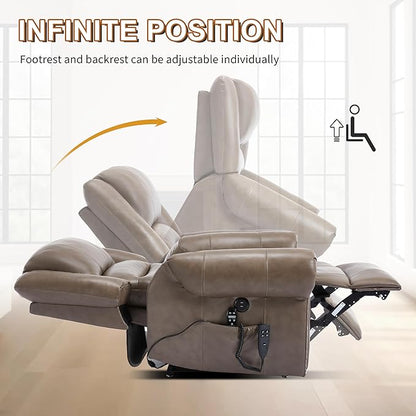 Luxlen Power Lift Recliner Chair for Elderly, Dual Motor Massage Recliner with Lumbar Heat, Heavy Duty Motion Mechanism Lift Chair with Charge Ports, Genuine Leather - Brown