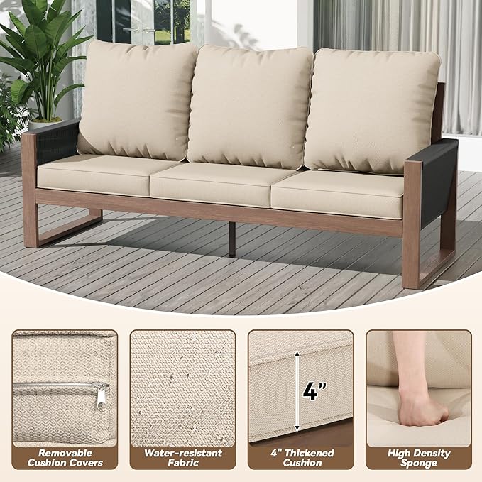 Patio Furniture 3 Seater Sofa Cedar Wood Indoor&Outdoor Couch, Outside Deep Seat High Back Porch Sofa