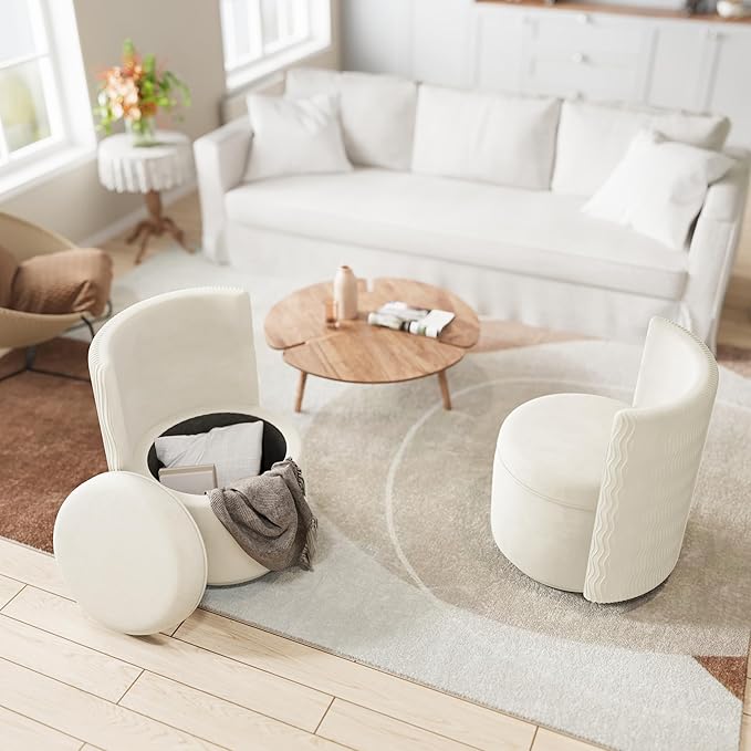 360° Swivel Accent Chair with Storage, Vanity Stool with Back, Velvet Storage Ottoman, Upholstered Round Barrel Vanity Chair for Living Room, Makeup Room, Bedroom (White High-Back)