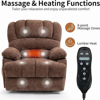 Power Recliner with Vibration Massage & Lumbar Heat, Electric Lift Chairs for Elderly, High Back Reclining Max 155 Degree with Charging Ports, Chenille Fabric Brown