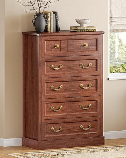 AOGLLATI Farmhouse 5 Drawers Dresser for Bedroom, 48” Tall Wood Rustic Chest of Drawers with Natural Texture, Vintage Design, Black Storage Dresser for Bedroom,Oak Brown