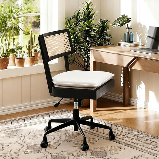 Home Office Desk Chair with Wheels, Ergonomic Computer Task Chair with Rattan Back, Adjustable Height Armless Swivel Chair with Removable Cushion for Small Space, Black