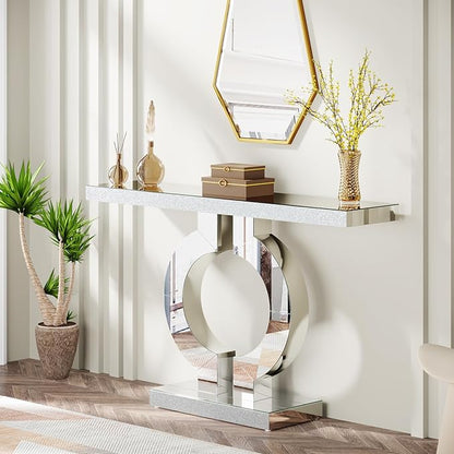 Tribesigns Modern Mirrored Console Table, Glass Sofa Table with Mirror Finish, 43-Inch Entryway Table with O-Shaped Base, Rectangular Accent Foyer Table for Living Room Hallway Entrance (Silver)