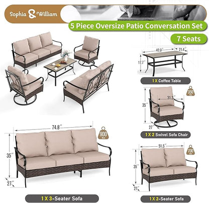 Sophia & William Metal Patio Furniture Set, 7 Seats Outdoor Conversation Set with 3-Seater Sofa, 2 Swivel Chairs, 1 Loveseat, 1 Coffee Table for Seating, Lawn Porch Backyard,Beige