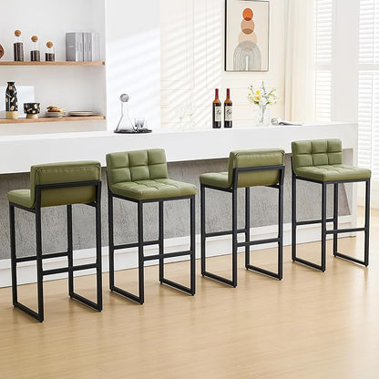 Set of 4 Bar Stools, Upholstered Bar Height Barstools with Low Back and Thickened Metal Frame, Modern Tall Bar Chairs for Kitchen Island, Bar, Counter (Avocado Green, 4Pcs 30" Bar Stools)