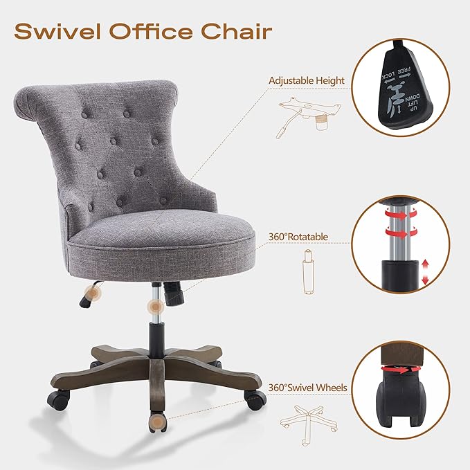 Home Office Chair Adjustable Height Swivel Chair with Wheels Linen Fabric Upholstered Computer Desk Chair with Wooden Legs Comfortable Armless Chair for Home Office Study Studio(Grey)