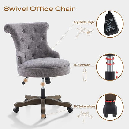 Home Office Chair Adjustable Height Swivel Chair with Wheels Linen Fabric Upholstered Computer Desk Chair with Wooden Legs Comfortable Armless Chair for Home Office Study Studio(Grey)