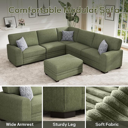 Wanderwell Oversized Modular Sectional Sofa, 6-Seater U Shaped Couches with Movable Ottoman,Corduroy Sectional Couch with Wide and Deep Seats Suitable for Living Room,Bedroom,Apartment (Olive, L-6)