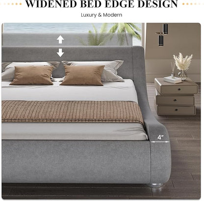 SHA CERLIN King Size Upholstered Bed Frame, Deluxe Low Profile Sleigh Bed with Linen Ergonomics Headboard, No Box Spring Needed & Easy Assembly, Grey