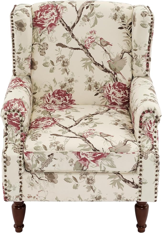 Pia Ricco High Back Floral Accent Chair - Retro Wingback Upholstered Armchair with Nailhead Trim, Solid Wood Legs, Fabric Living Room Bedroom Reading Chair (Flower Beige)