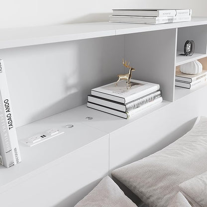 King Size Headboard for Bedroom, Stylish Bookcase Headboard with Built-in Charging Station & 2 LED Lights, Engineered Wood Headboards, Noise-Free HeadBoard King Size with Storage, White