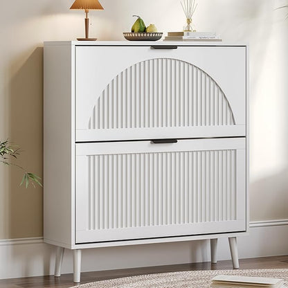 Shoe Cabinet for Entryway with 2 Flip Drawers, Slim Wooden Shoe Storage Organizer with Modern Fluted Pannel，Freestanding Narrow Hidden Shoe Rack for Hallway, Foyer, Living Room