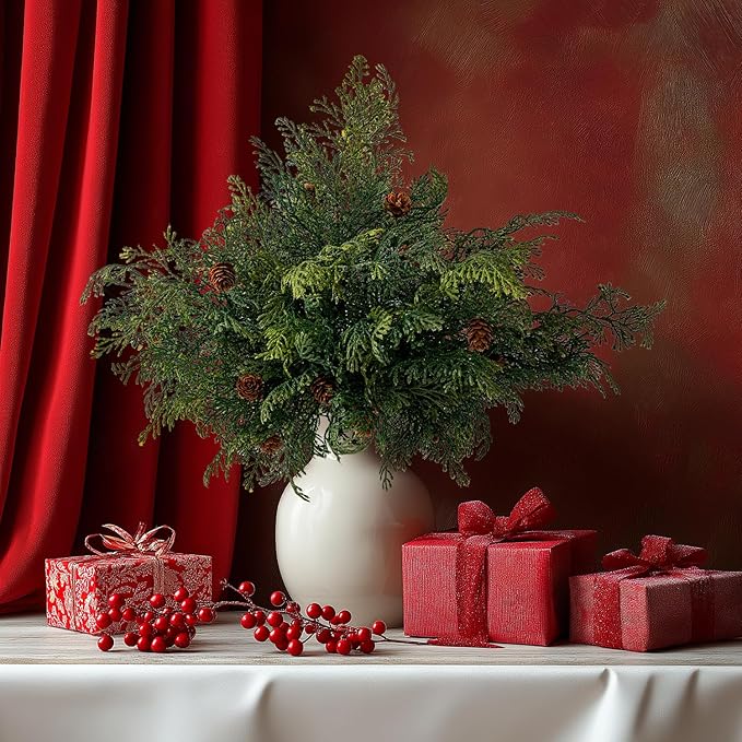 10PCS Artificial Pine Tree Branches, Green Pine Stem Real Touch Fake Greenery Green Plants Pine Needles DIY Accessories for Wreath Christmas and Home Garden Decor