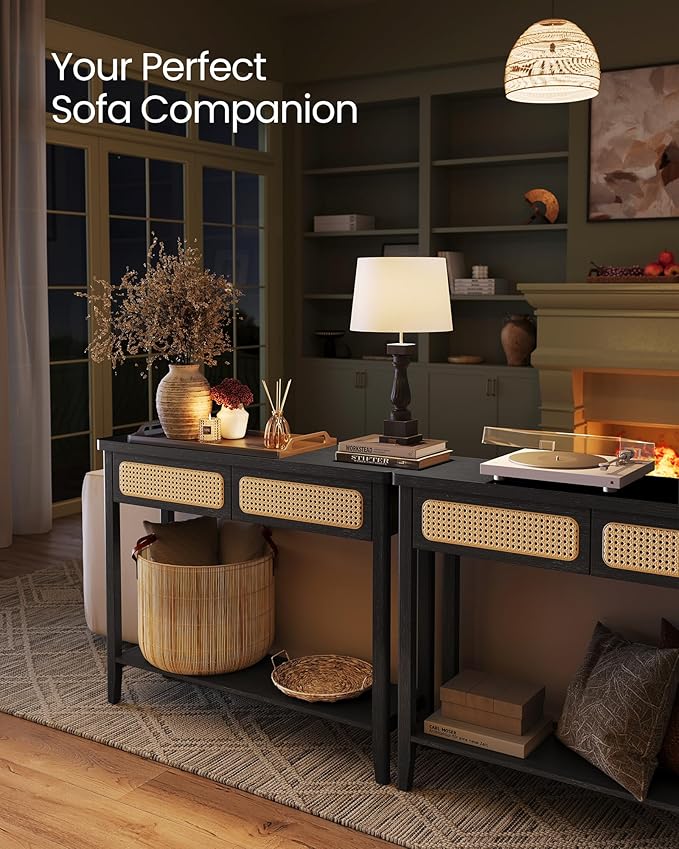 VASAGLE Console Table, Sofa Table, Narrow Entryway Table with 2 Drawers, Open Storage Shelf, Rounded Corners, for Living Room, Boho Style, Ash Black ULNT016B21