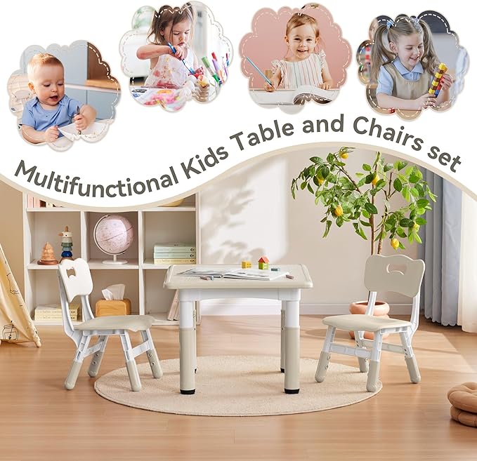 Kids Study Table and Chairs Set, Height Adjustable Toddler Table and Chair Set for Kids Ages 3-8, 23.6" L x 23.6" W Graffiti Desktop Plastic Children Art Table with 2 Seats, Burlywood