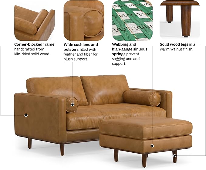 SIMPLIHOME Morrison Mid-Century Modern 72 inch Wide Sofa with Ottoman Set in Sienna Genuine Leather for the Living Room and Family Room