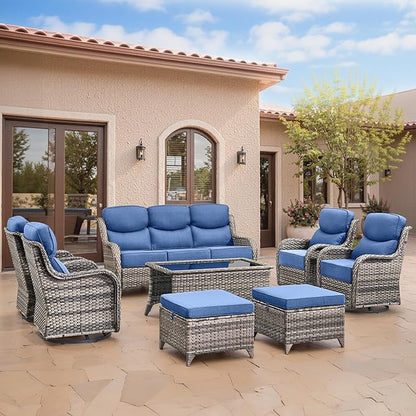 Swivel Patio Chairs Sofa Set of 4 with 6" Thick Cushion - Wicker Outdoor Swivel Rocker Patio Chair with Side Table, High Back Comfortable Outdoor Glider Chairs - Grey Wicker | Blue Cushions