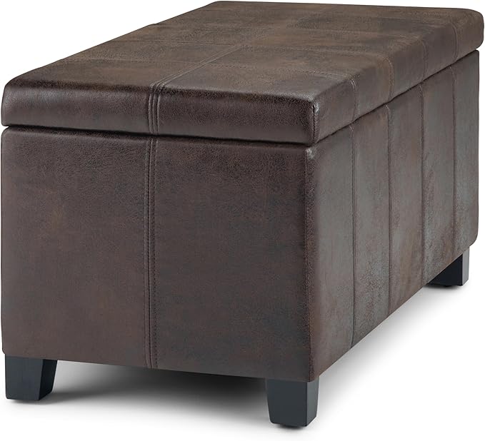 SIMPLIHOME Dover 36 inch Wide Contemporary Rectangle Storage Ottoman Bench in Distressed Brown Vegan Faux Leather, Assembled, for the Living Room, Entryway and Family Room