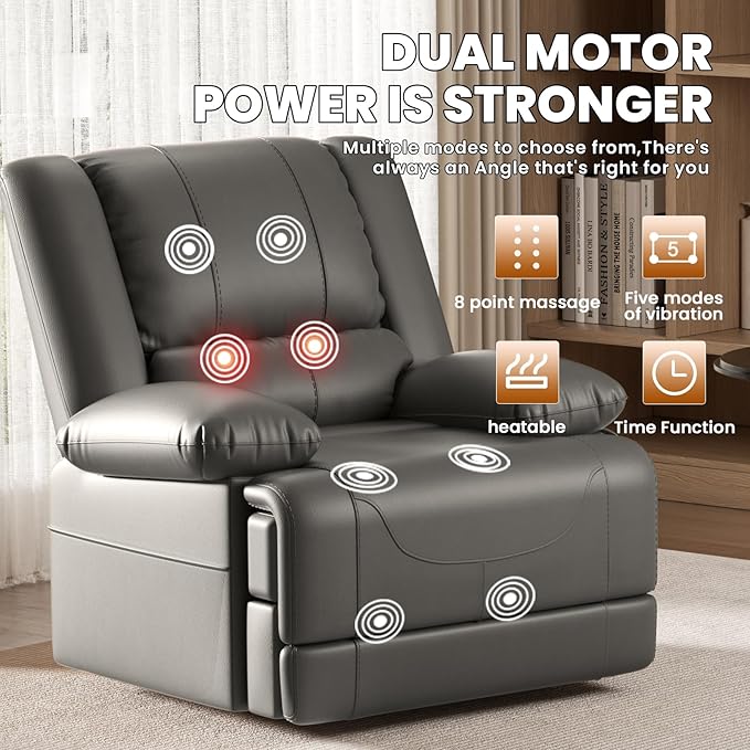 Large Dual Motor Power Lift Recliner Chair with Massage and Heat for Elderly People, Infinite Position,USB Ports and Remote Control,Breathable Leather (Gray)