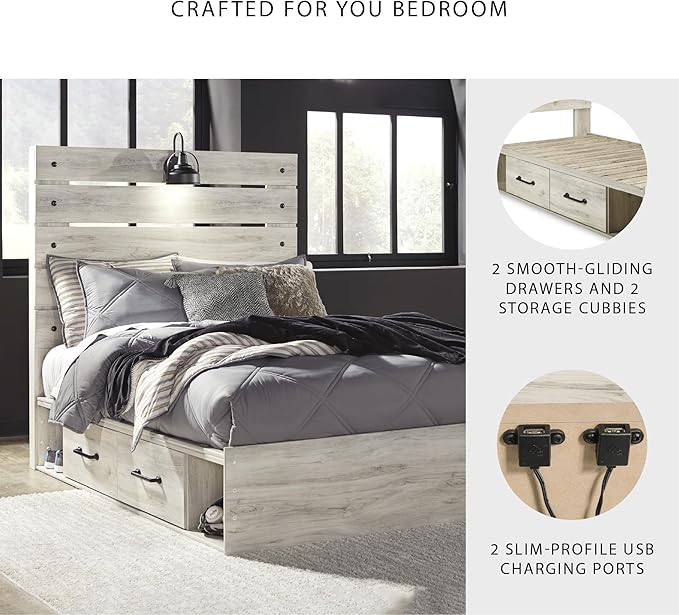 Signature Design by Ashley Cambeck Farmhouse Full Panel Platform Bed with 2 Storage Drawers, Cubbies, Sconce Light and USB Ports, Foundation or Box Spring Not Needed, Whitewash