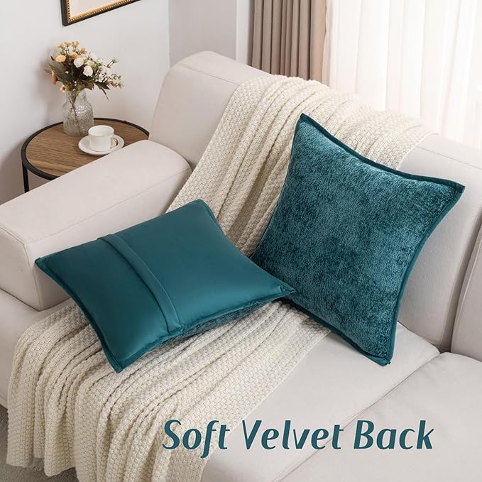 FUTEI Teal Chenille Throw Pillow Covers 22x22 Inch Set of 2,Soft Cozy Bound Edge Design Cushion Case,Home Decor for Couch Bed Living Room