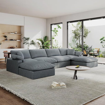 Modular Sectional Sofa Cloud Couch,Down Filled Comfy Cloud Modern Sofa,Light Blue Linen U Shape 6 Seater Oversized Couch Cushion Covers Removable for Living Room