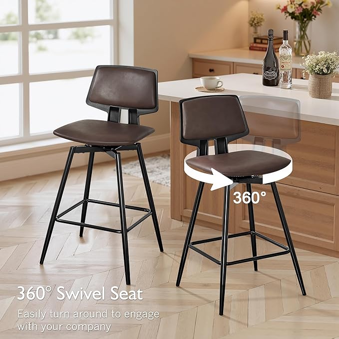 VECELO Swivel Leather Bar Stools Set of 4, Counter Height Barstools with Back, Metal Legs, 35.2-Inch Tall Barstools for Kitchen Island, Home Bar, Cafe, Brown
