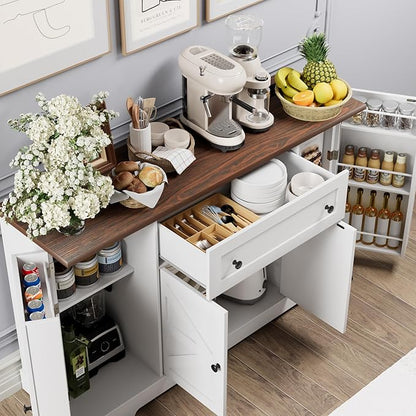 55.1" Buffet Cabinet with Storage, Charging Station, Modern Kitchen Buffet Sideboard with Drawer, White Wood Coffee Bar with Adjustable Shelves & Spice Rack, Kitchen Storage Cabinet for Living Room