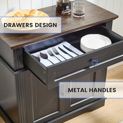 Black Farmhouse Storage Cabinet with 2 Doors and 1 Drawer, Adjustable Shelf, Freestanding Kitchen Pantry Cabinet, Modern Buffet Sideboard Coffee Bar Cabinet Living Room Bathroom Dining Room
