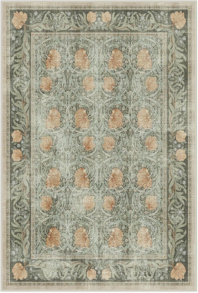 RUGGABLE x Morris & Co Washable Area Rug– Pimpernel Vintage Green 4x6, Stain-Resistant, Non-Slip – Medium Machine Washable Rugs for Living Room, Bedroom, Hallway, Entryway & Office–with Cushioned Pad