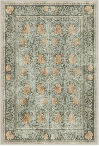 RUGGABLE x Morris & Co Washable Area Rug– Pimpernel Vintage Green 4x6, Stain-Resistant, Non-Slip – Medium Machine Washable Rugs for Living Room, Bedroom, Hallway, Entryway & Office–with Cushioned Pad