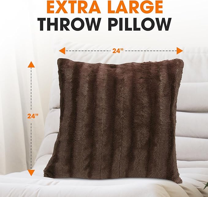 Cheer Collection Faux Fur Throw Pillows - Decorative Pillows for Couch, Bed Throw Pillows, Chocolate Accent Pillows for Bedroom or Living Room Aesthetic, Set of 2 Furry Throw Pillows, 24" x 24"
