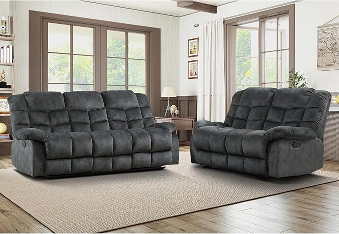 EBELLO Reclining Sofa Furniture Set, Loveseat Recliner Sofa and 3PC Bonded Manual Recliner Set for Living Room, Grey Green (Loveseat+Sofa)