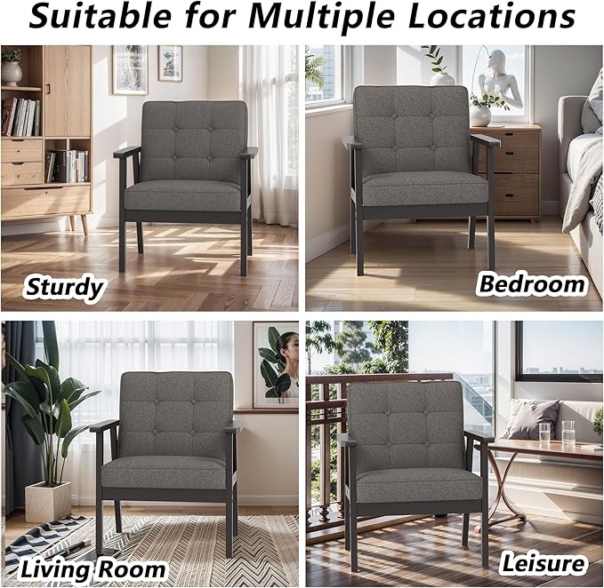 Modern Accent Chair with Wooden Table, Upholstered Linen Fabric Leisure Chair Comfy Side Chair with Backrest Button and Arm Rest for Living Room Bedroom Reading(Gray)