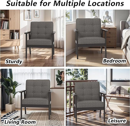 Modern Accent Chair with Wooden Table, Upholstered Linen Fabric Leisure Chair Comfy Side Chair with Backrest Button and Arm Rest for Living Room Bedroom Reading(Gray)