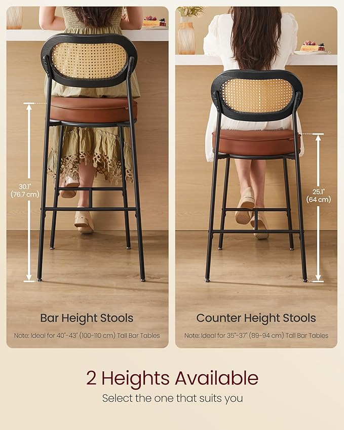 VASAGLE Bar Stools Set of 2, Bar Height Stools with Rattan Back and Metal Legs, 25.1-Inch Tall Counter Chairs, Modern Leather Upholstered Barstools for Kitchen Island Dining Room, Caramel Brown