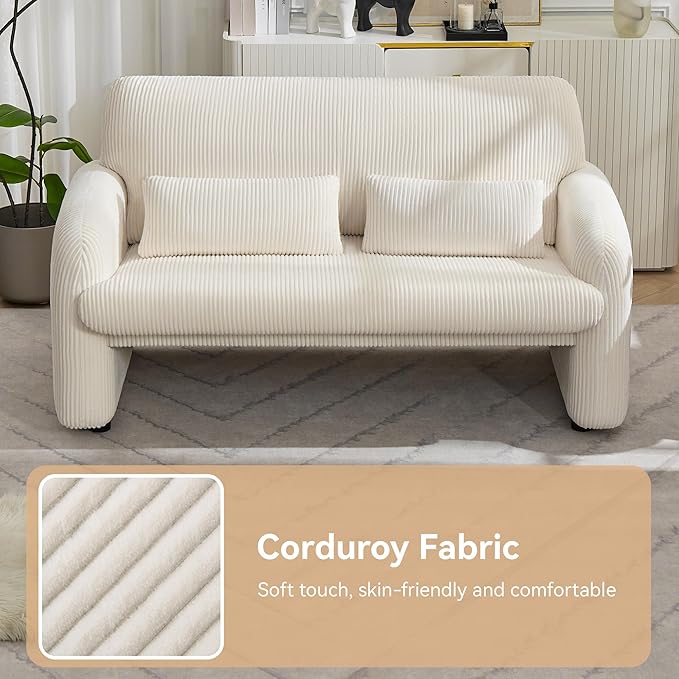 56'' Corduroy Loveseat Sofa, 2 Seater Love Seat Couch for Small Space, Comfy Upholstered Modern Leisure Loveseat Couches with Lumbar Pillows for Bedroom, Office, Living Room, White