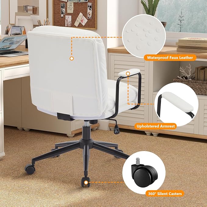 Furniliving Leather Home Desk Chair, Comfortable Executive Office Chair with Wheels, Ergonomic Computer Task Chair Adjustable Height, White
