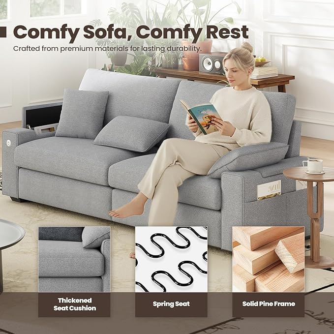 89" Loveseat Sofa, Cloud Foam Couch, 3 Seater Upholstered Midcentury Mondern Love Seat with USB Type C Ports, 4 Pillows and Flip-Open Storage Armrest for Living Room/Small Spaces, Gray