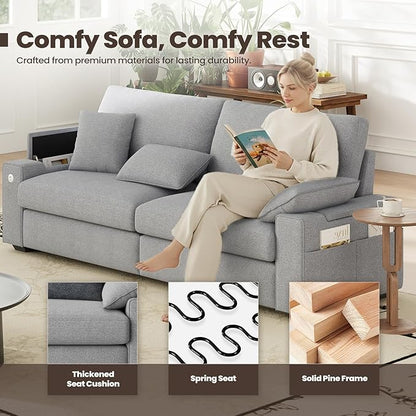 89" Loveseat Sofa, Cloud Foam Couch, 3 Seater Upholstered Midcentury Mondern Love Seat with USB Type C Ports, 4 Pillows and Flip-Open Storage Armrest for Living Room/Small Spaces, Gray
