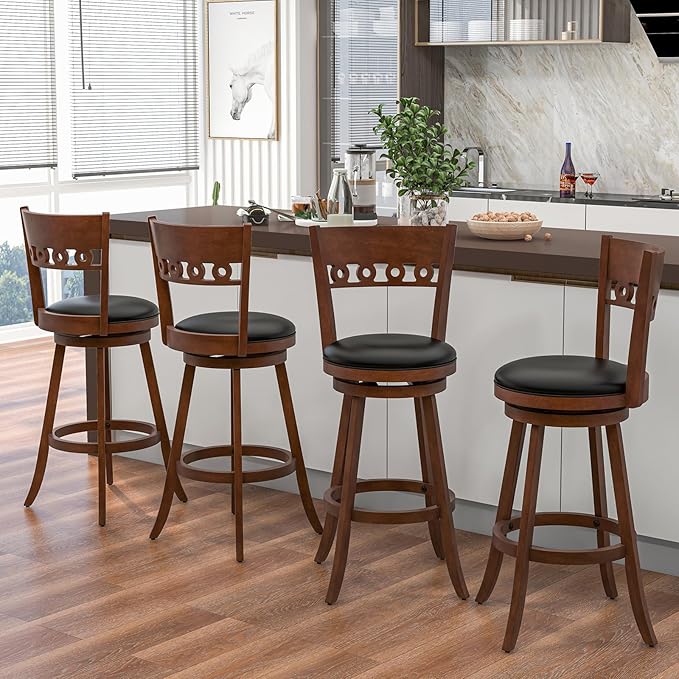 COSTWAY Bar Stools Set of 4, 30.5” Bar Height Bar stools with Solid Wood Legs, Cushioned Seat, Footrest, for Home, Kitchen Island, Bar (4, 30.5'' Seat Height)