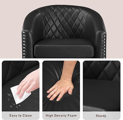 Prilinex Comfy Barrel Accent Chair Set of 8 - Faux Leather Living Room Chair Club Chair with Cushion, Diamond Grid Backrest & Nailhead Trim, Guest Chair for Office, Bedroom & Waiting Room, Black