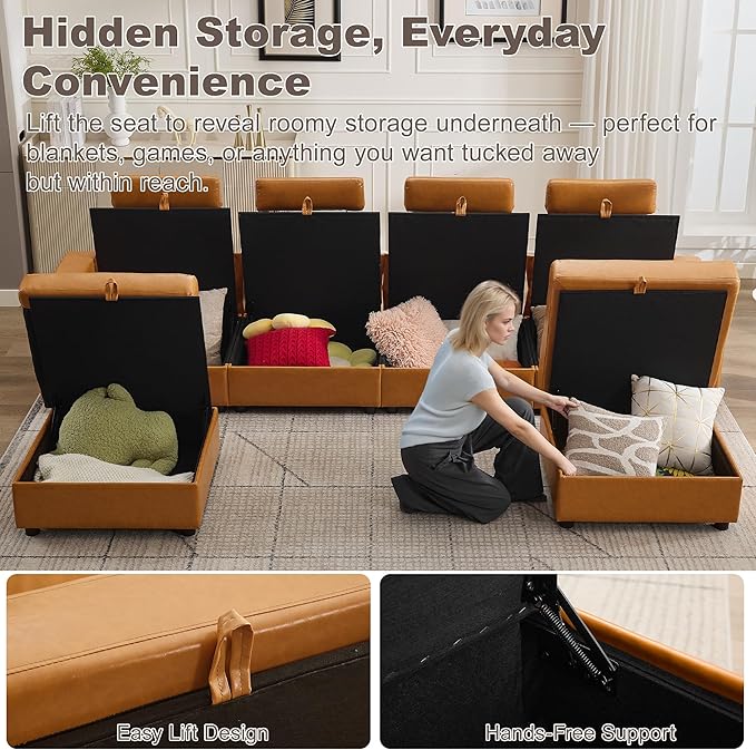 126.8" Modular Sectional Storage Sofa, Oversized Faux Leather U Shaped Couch with 2 Ottoman, Cloud Couch with Headrest & Side Pockets, Sectional Sofas for Living Room Apartment Small Spaces, Brown