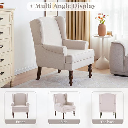 HUIMO Living Room Chair Upholstered High Back Armchair Retro Printed Wingback Chair in Linen for Bedroom & Study Comfy Accent Sofa Chair Reading Chair Holds 300lbs (Navy Blue) (2, Tan SJW-2PCS)