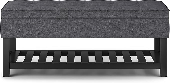 SIMPLIHOME Cosmopolitan 44 inch Wide Transitional Rectangle Storage Ottoman Bench with Open Bottom in Slate Grey Linen Look Fabric, Assembled for the Living Room and Bedroom