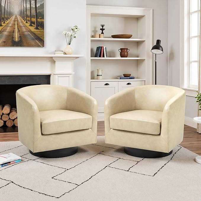 Lumibee Swivel Accent Chairs Set of 2, Faux Leather Swivel Barrel Chairs for Living Room, Modern Comfy Upholstered Round Armchairs Single Sofa Chairs for Bedroom, Club-Cream