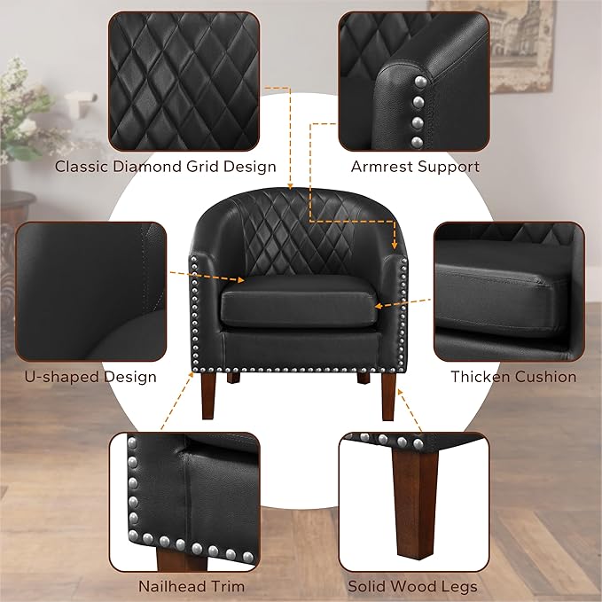 Prilinex Comfy Barrel Accent Chair Set of 8 - Faux Leather Living Room Chair Club Chair with Cushion, Diamond Grid Backrest & Nailhead Trim, Guest Chair for Office, Bedroom & Waiting Room, Black